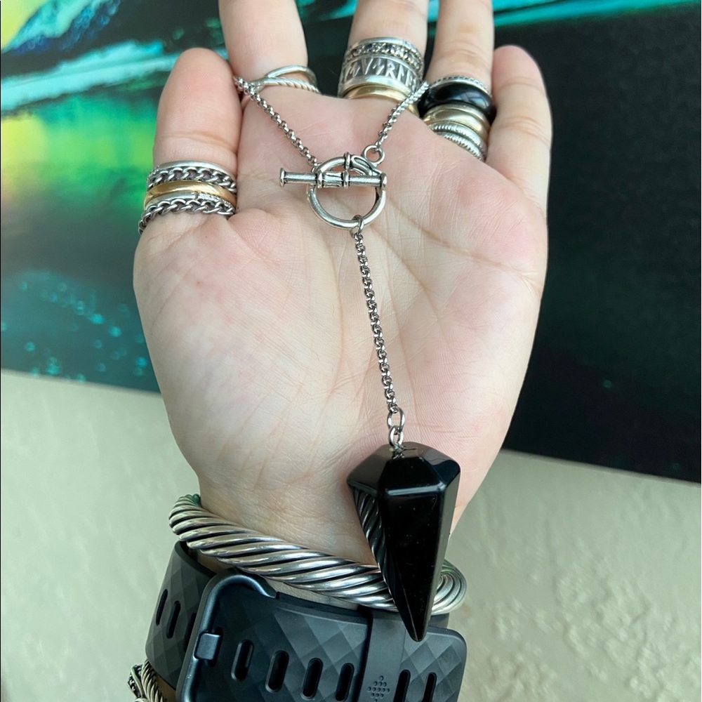 Onyx pendulum necklace . Stainless steel lariat Y shape onyx charm boho choker - Picture 2 of 13